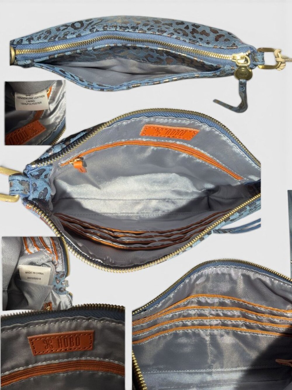 HOBO Darcy Crossbody Blue Mirror Cheetah Print Leather 3-way Bag Party Clutch NW - Picture 10 of 12